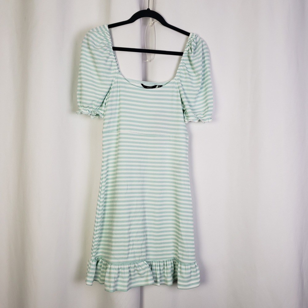 Vero Moda VMaria SS Mini Dress Mint Green White Striped Puff Sleeve Ruffle L